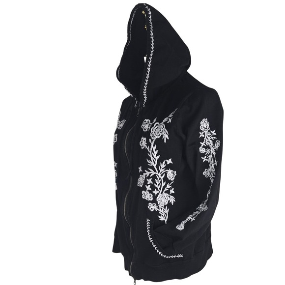 Seventh Avenue Black Embroidered Hoodie L Full Zip Whimsigoth Floral Cotton - Picture 6 of 10